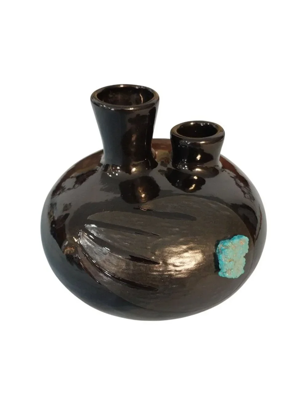 Etched Bear Claw Double Spouted Black Vase With Turquoise Accents